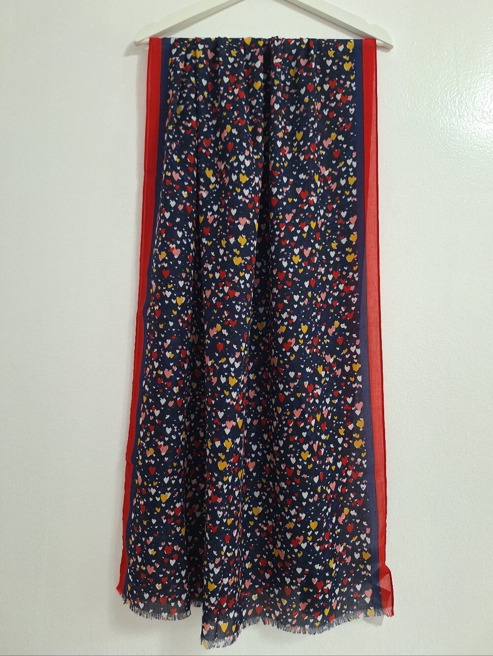 NWT LOFT Navy Scarf with Red Trim and Multicolor Heart Print